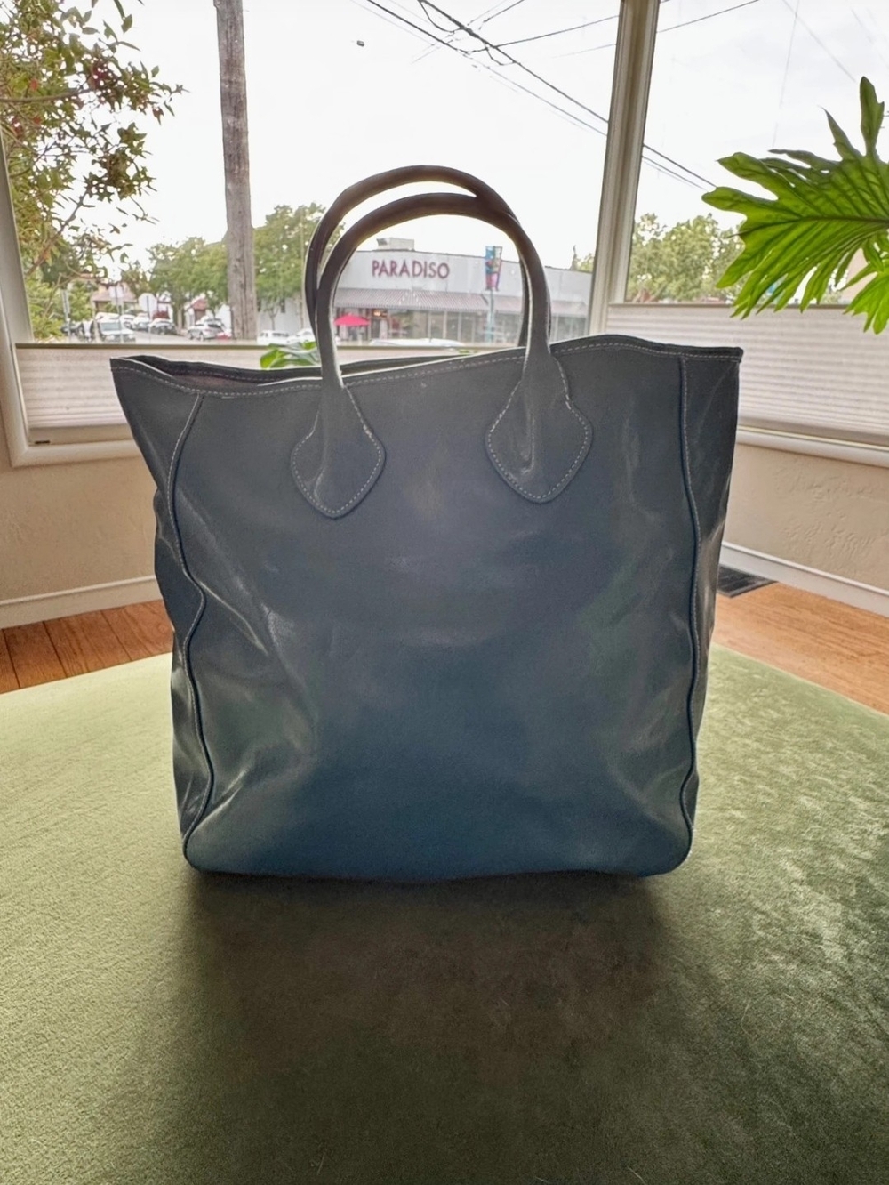 Large Blue Leather Tote Bag
